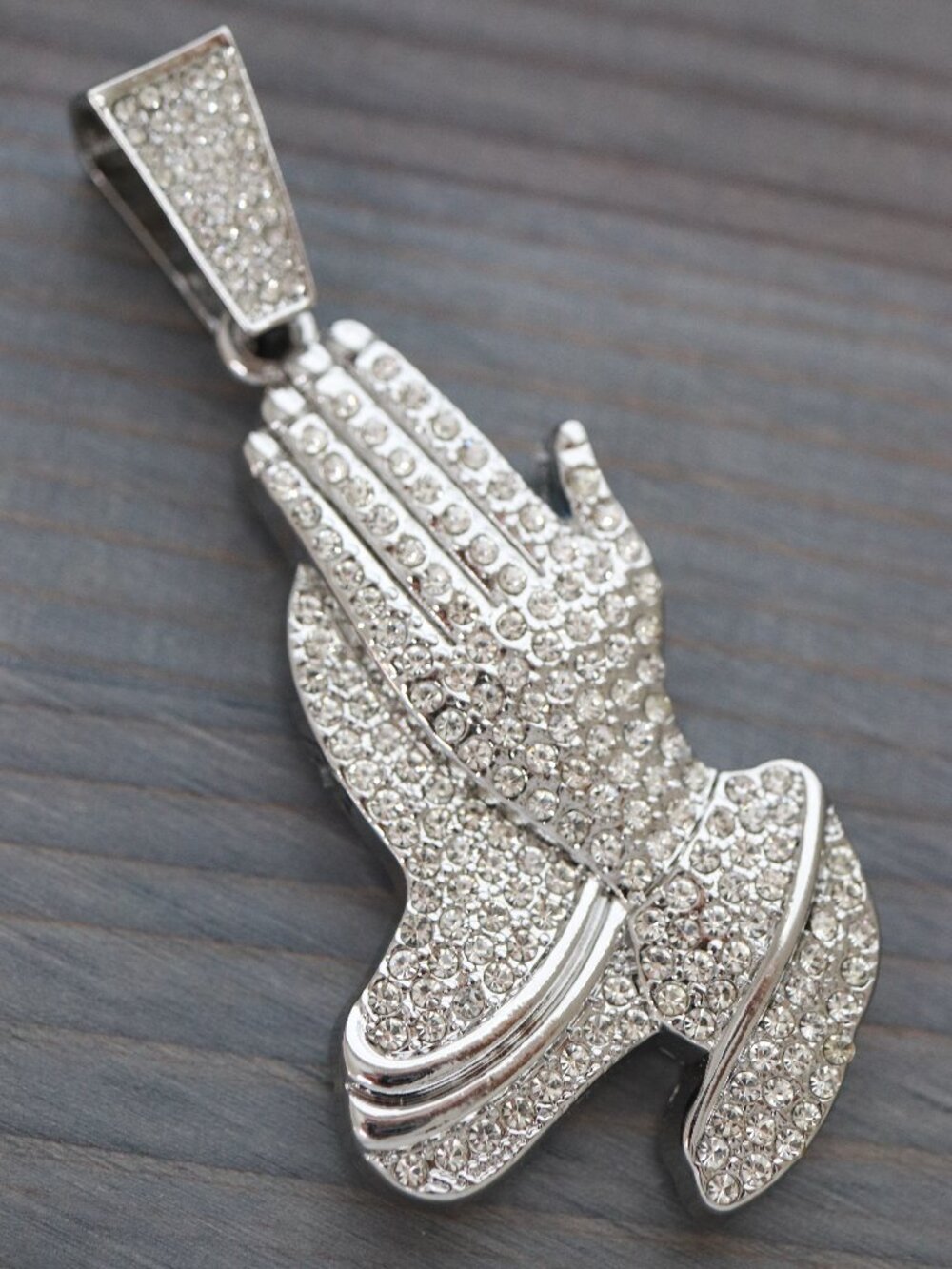 Praying Hands Ice Style with Rhinestones Pendant Silver Plated